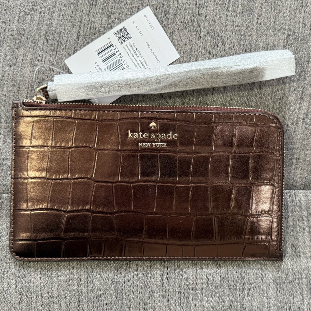 NWT Kate Spade Lucy Croc Embossed Medium L-Zip Wristlet, Hot Fudge - Picture 5 of 8